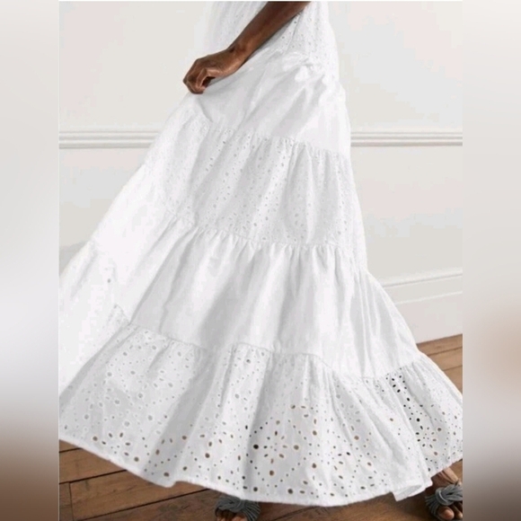 BODEN Broderie Mix Jersey Maxi Dress US 14 White Tiered Frill Sleeve V-Neck - Picture 3 of 14